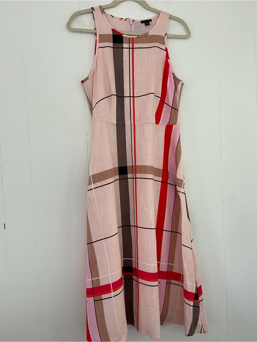 Ann Taylor Viscose Linen Blend Midi Fit & Flare Dress Plaid Pockets Pink Size 6